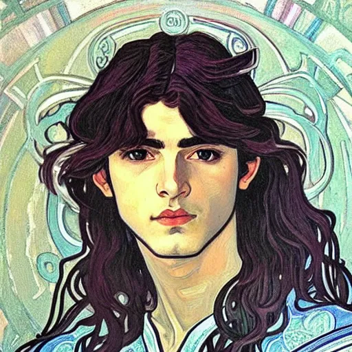 Image similar to painting of young handsome beautiful paladin elf! man with long wavy dark hair in his 2 0 s named shadow taehyung at the blueberry party, wearing armor!, elegant, clear, painting, stylized, delicate, soft facial features, art, art by alphonse mucha, vincent van gogh, egon schiele,