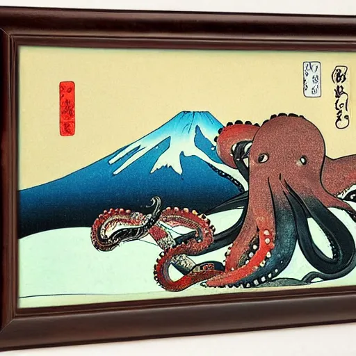 Image similar to octopus, mt fuji, cherry blossoms, big wave, ukiyo-e by Utagawa Kuniyoshi