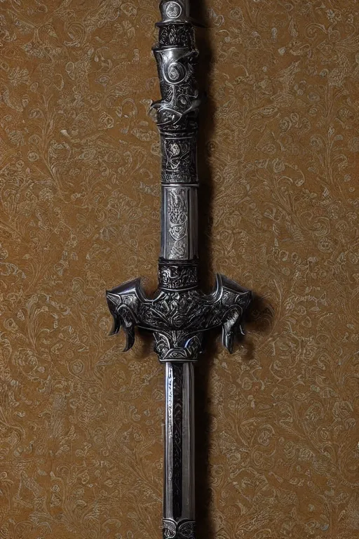 Image similar to sword of justice hanging on a wall, ornate gem in pommel, engraved blade, tip on a pillow