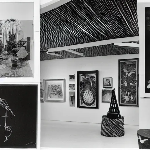 Image similar to A black and white photography printed in offset lithography of an exhibition space with works of Sun Ra, Marcel Duchamp and tropical plants, 60s, Modern Art