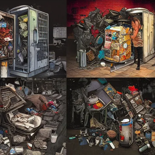 Image similar to trashcans and dumpsters + garbage, rotary symmetrical, dynamic lighting, darker intense, detailed, by bambang nurdianshyah, garis edelweiss, roby dwi antono and dan mumford, ayami kojima, takato yamamoto, barclay shaw, karol bak, yukito kishiro, norman rockwell