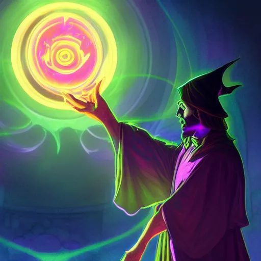 Prompt: a warlock is casting a magic spell, while magic orb is floating in his hand, the magic orb emit a rainbow vapour, dynamic pose, chromatic aberration , medium level shot, Mucha style , Grim fantasy, illustration ,concept art,