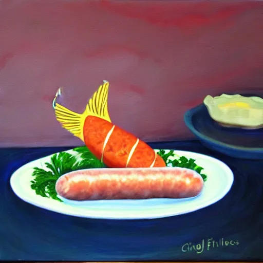 Prompt: oil on canvas, half fish half sausage on a plate. sausage with the fins of a fish