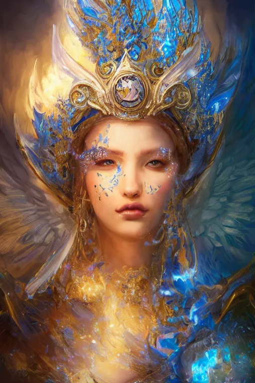 Prompt: beautiful princess with face covered with fire, king sorcerers, ornate, blue and silver, armor, robes, diamonds, angel, fantasy, yellow background beam, dramatic lighting, highly detailed, digital painting, magic the gathering, 3 d render, hyper realistic detailed portrait, peter mohrbacher, wlop, ruan jia