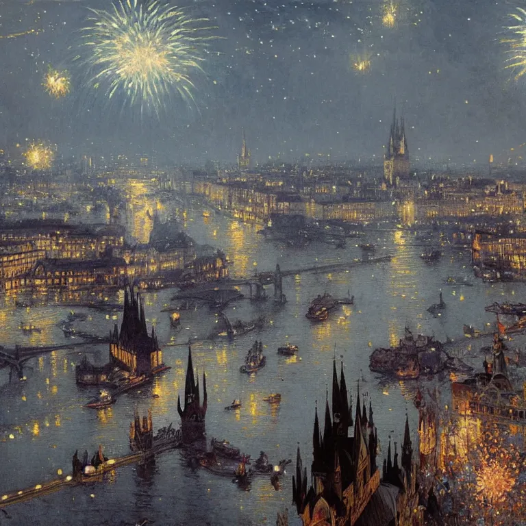 Image similar to a beautiful painting of the view from the river of london or prague during a fireworks festival, at night with a sky full of stars and fireworks, intricate, elegant, highly detailed, digital painting, artstation, concept art, by krenz cushart and artem demura and alphonse mucha