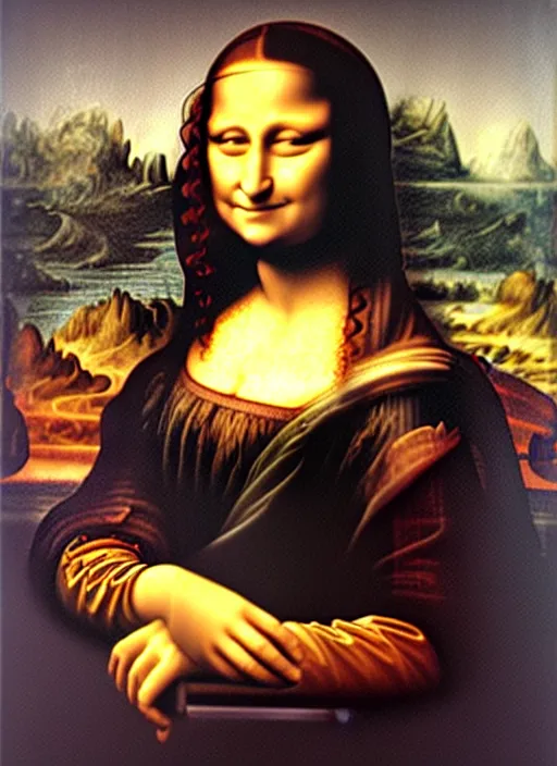 Image similar to oil painting of Mona Lisa by Leonardo Da Vinci but Mona Lisa is using an iPhone to take a selfie, selfie pose