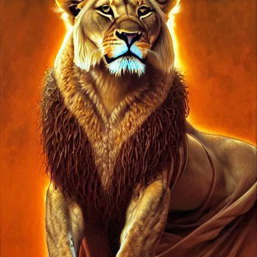 Prompt: highly detailed portrait of a majestic lioness queen in the form of a beautiful woman. d & d. art by donato giancola, brian bolland, ruan jia, steve mccurry. trending on artstation, intricate details, energetic composition, golden ratio, concept art, illustration, elegant art, global illuminaition