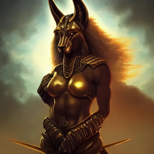 Image similar to Majestic gracious Anubis female warrior portrait, atmospheric lighting, painted, intricate, volumetric lighting, beautiful, rich deep colors masterpiece, golden hour, sharp focus, ultra detailed, by Leesha Hannigan, Ross Tran, Thierry Doizon, Kai Carpenter, Ignacio Fernández Ríos