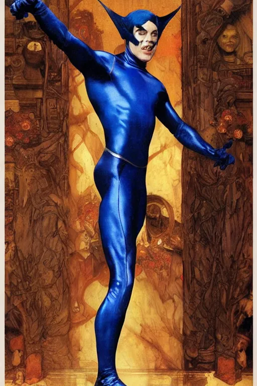 Image similar to full length portrait of udo kier as marvel nightcrawler by lawrence alma tadema, rick berry, norman rockwell, jason fabok. greg staples, nc wyeth, jack kirby, tom lovell