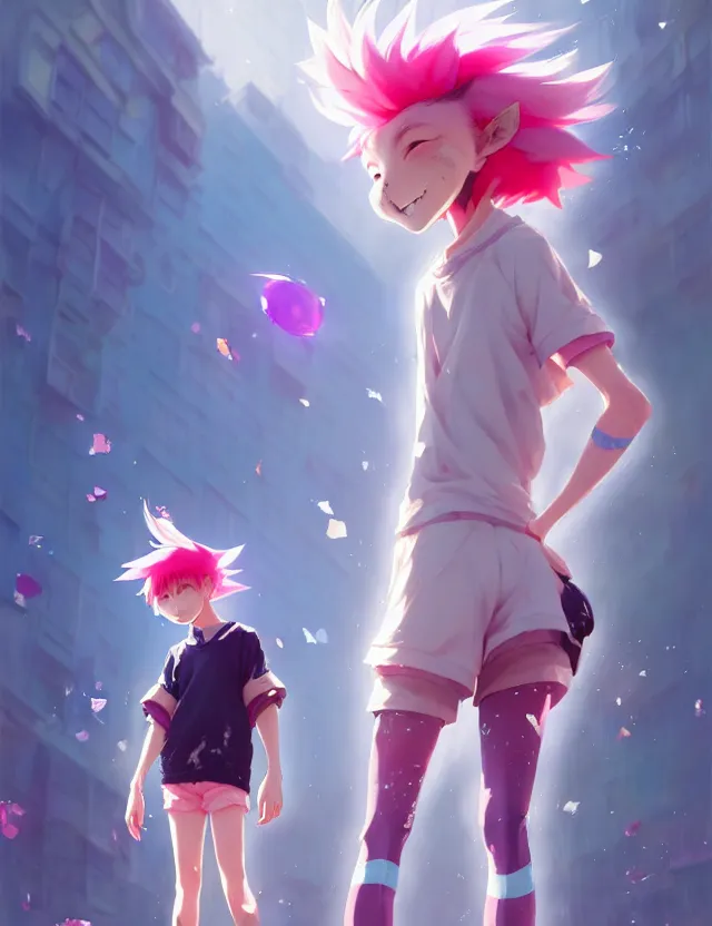 Prompt: a beautiful fullbody portrait of a cute anime boy with pink hairs wearing sport clothing and leggings under shorts barefoot in a city. character design by cory loftis, fenghua zhong, ryohei hase, ismail inceoglu and ruan jia. artstation, volumetric light, detailed, photorealistic, fantasy, rendered in octane