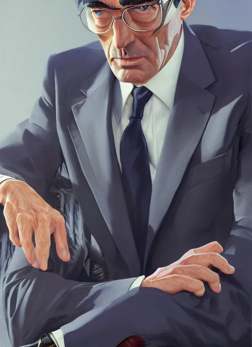 Image similar to full - length portrait of gregory peck, dressed in a navy blue suit with silver embroidered details, detailed face, fantasy, cinematic lighting, digital art painting, fine details by realistic shaded lighting poster by ilya kuvshinov katsuhiro otomo, magali villeneuve, artgerm, jeremy lipkin and michael garmash and rob rey