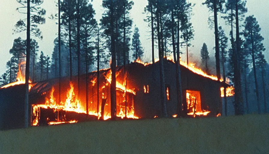 Image similar to 1 9 7 0 s movie still of a burning house on a mountain with pine forest, cinestill 8 0 0 t 3 5 mm, high quality, heavy grain, high detail, texture, dramatic light, ultra wide lens, panoramic anamorphic, hyperrealistic