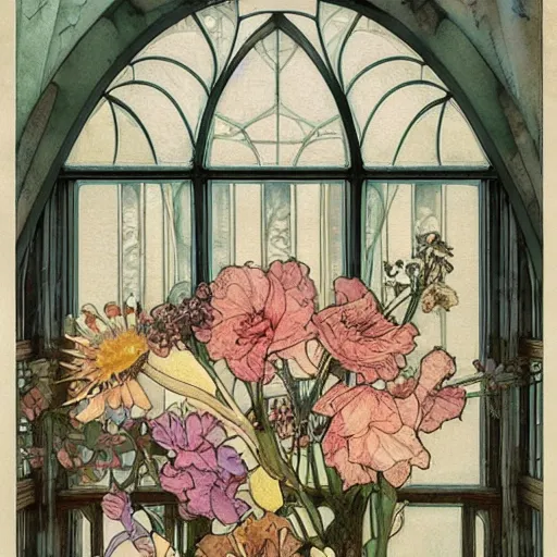 Prompt: a beautiful intricate watercolor illustration of a flower still life in a windows, 4 k, ultra - wide angle, by william turner, by victo ngai, by alphonse mucha, by miho hirano, hd, trending on artstation, hyper detailed, muted colors