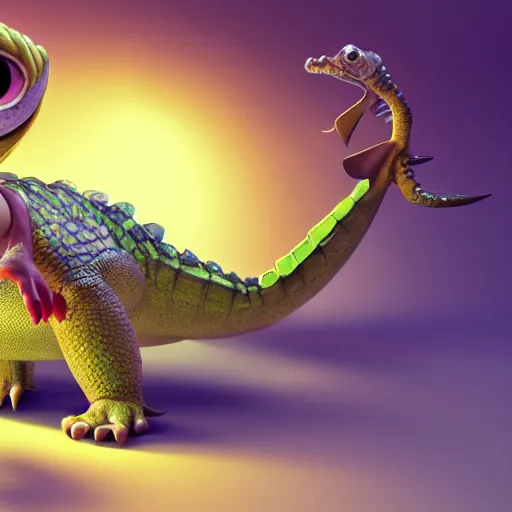 Prompt: character design, crocodile, big eyes, holding a fish, soft skin, pastel colours, shiny glitter / crystals, pixar animation style, detailed, soft light, octane render, 4 k