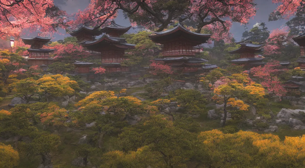 Image similar to Japanese garden at dusk based on the style of the game Sekiro, colorful, very detailed, realistic, photo