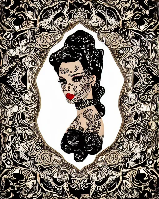 Prompt: stylized retro beauty portrait black gold intricate details, smoke ink ornate geometric art