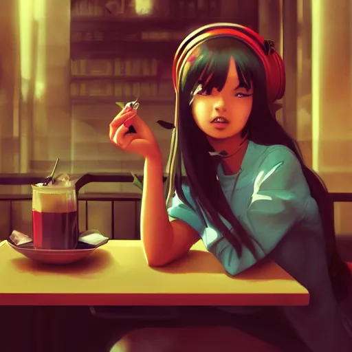 Image similar to lofi girl in the cafe, stylized, artgerm, artstation, hd, cgsociety, cgi, realistic, dramatic, cinematic, artistic, trending, detailed