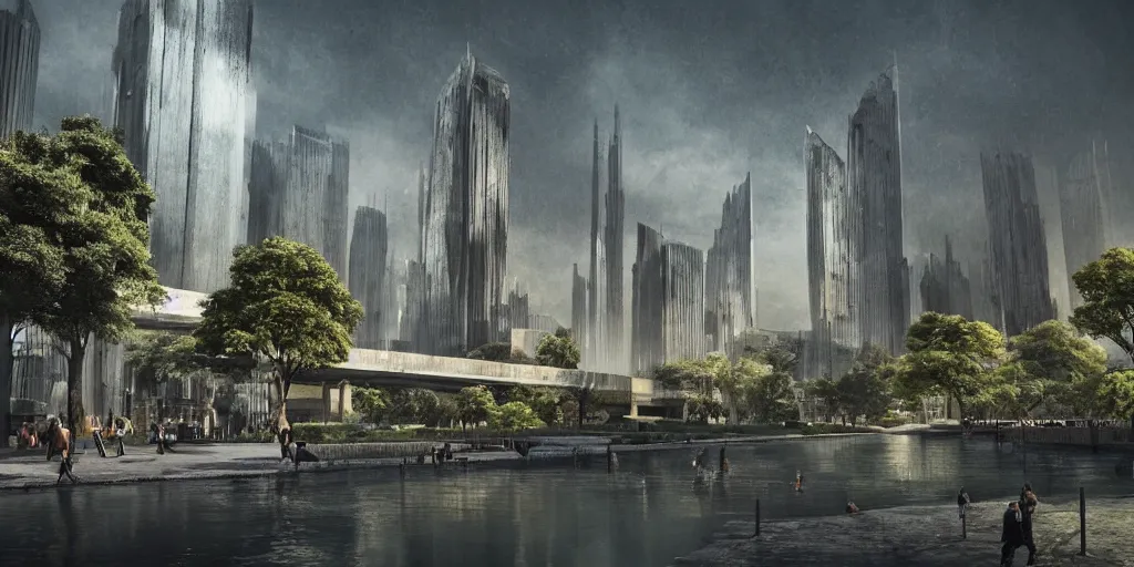 Image similar to city and temples in brutalism, gigantism, aad arab architectural style, but it is an oasis with trees and water, composition idea concept art for movies, style of denis villeneuve and greg fraiser