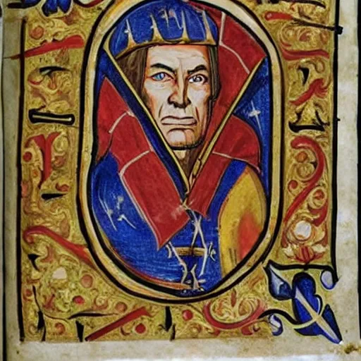 Prompt: a medieval illuminated manuscript about a star trek captain