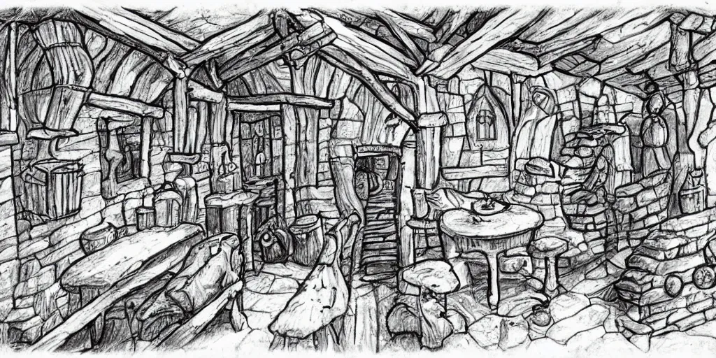 Image similar to medieval cottage interior, fantasy hand - drawn animation