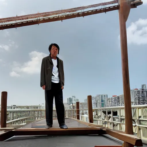 Image similar to kaiji itou walking on a steal beam, starside hotel