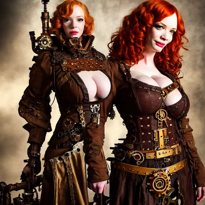 Prompt: full length photo of christina hendricks as a steampunk valkyrie, highly detailed, 4 k, hdr, smooth, sharp focus, high resolution, award - winning photo