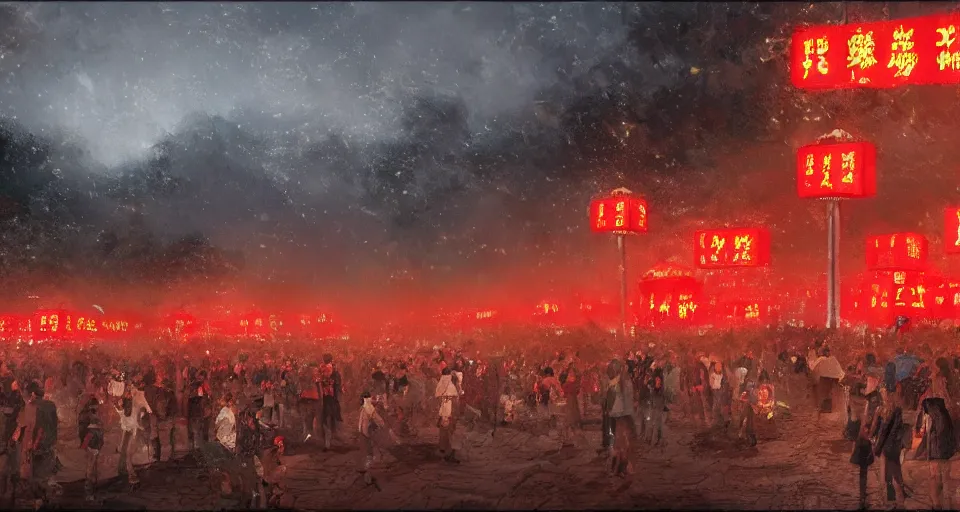 Image similar to craig mullins and ghibli digital art of zhongyuan festival in china ， red lanterns ， gohst door with fire in thes ky, black night sky, stars, below is the crowd, rivers, villages ， unreal engine, hyper realism, realistic shading, cinematic composition, realistic render, octane render, detailed textures, photorealistic, wide shot