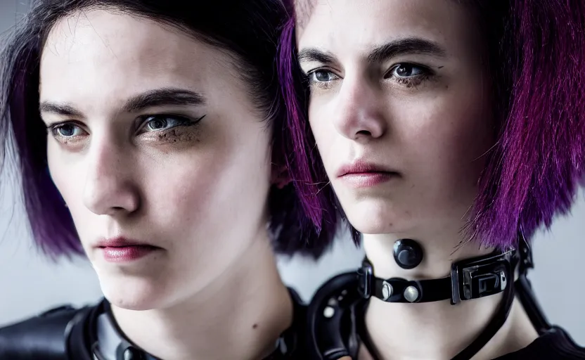 Image similar to a portrait picture of a cyberpunk woman wearing a steel collar choker , highly detailed, high quality, HD, 4k, 8k, Canon 300mm, professional photographer, 40mp, lifelike, top-rated, award winning, realistic, sharp, no blur, edited, corrected, trending