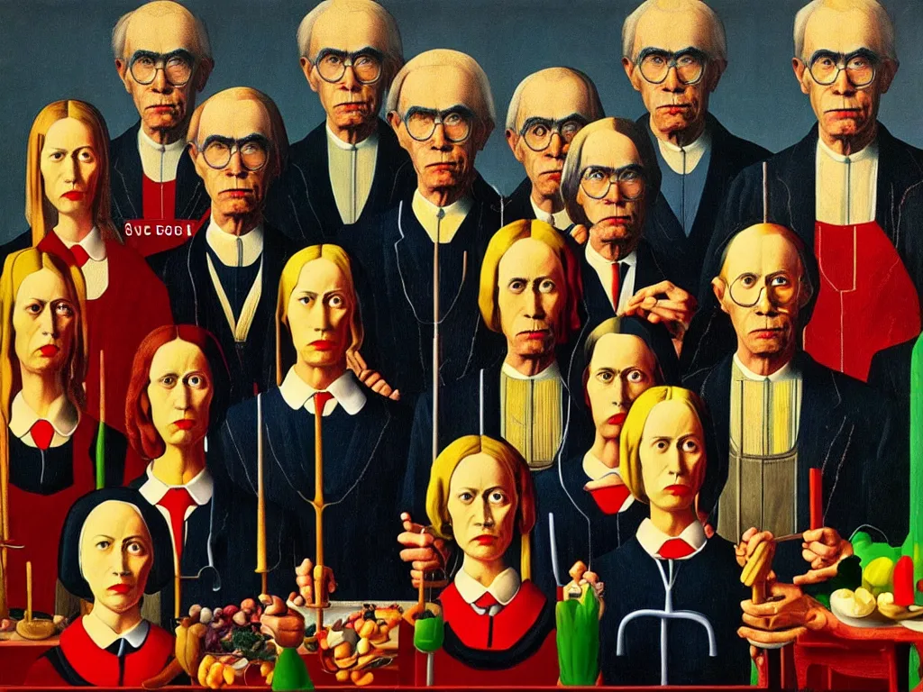 Prompt: crowded last supper american gothic painting magritte, renaissance, detailed faces, in the style of Andy Warhol pop art