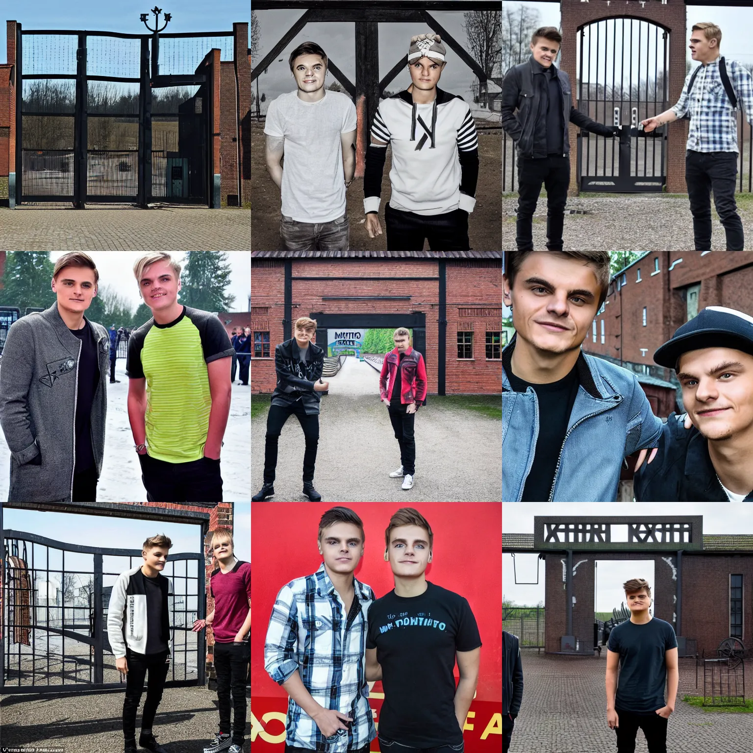 Prompt: martin garrix meets avicii in front of auschwitz arbreit macht frei concentration field gate