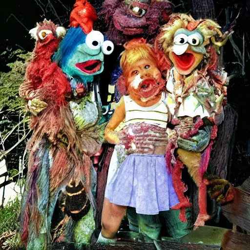 Image similar to zombie fraggle rock muppets, family photo of zombie muppets, photo from the 7 0 s