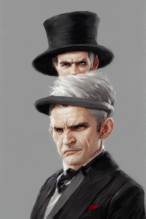 Image similar to a halfling grey hair with stubble top hat and suit by Greg Rutkowski, painting, portrait, D&D, trending on artstation