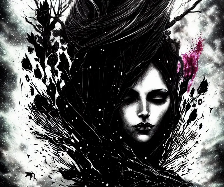 Image similar to stunning otherworldly gothic goddess of beauty, dark and mysterious, atmospheric, ominous, eerie, cinematic, epic, 8 k, 4 k, ultra detail, ultra realistic, rendered by awesomeness. nights falling wind is blowwing snow is pilling concept art in style of carne griffiths artwork by xsullo