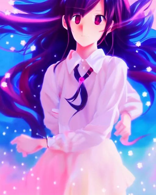 Image similar to anime style, vivid, expressive, full body, 4 k, painting, a cute magical girl with a long wavy black hair, stunning, realistic light and shadow effects, centered, simple background, studio ghibly makoto shinkai yuji yamaguchi