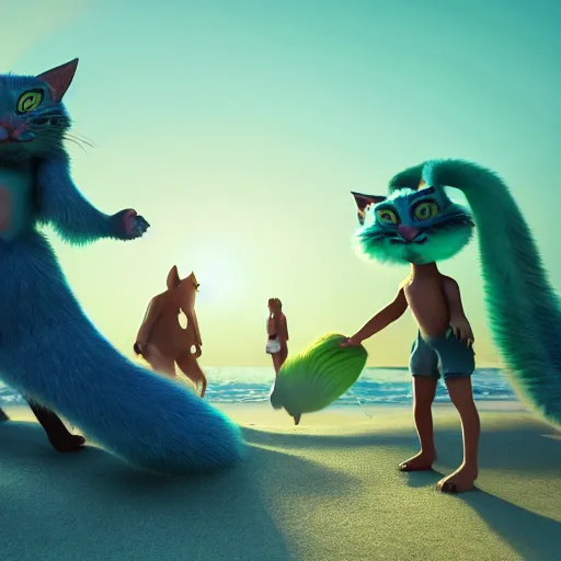 Prompt: blue cat people with green beards, beach, cinematic lighting