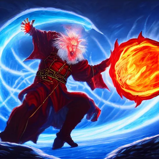 Image similar to Highly detailed oil painting, concept art, of a wizard casting a fireball spell, fighting against a huge ice giant, red and blue color scheme, concept art, highly detailed.