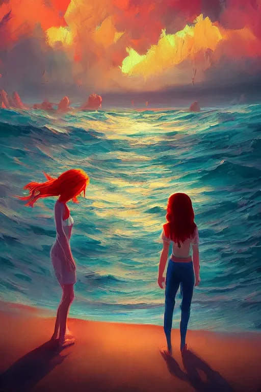 Image similar to a red haired young girl beach surreal, sunrise, dramatic light, impressionist painting, colorful clouds, digital painting, artstation, simon stalenhag