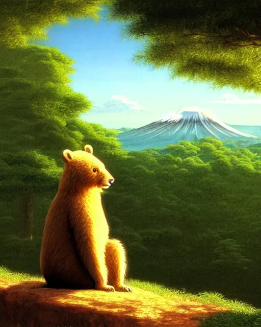 Image similar to a bear rabbit hybrid, sitting in tokyo, unique, sunny day, highly detailed, masterpiece, award winning, realistic, art by thomas cole and studio ghibli