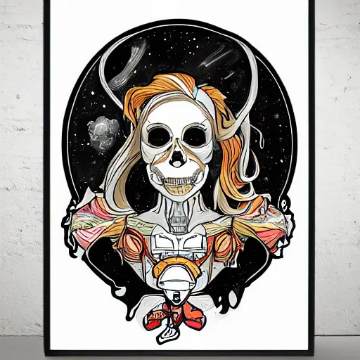 Image similar to astronaut portrait skull female skeleton space in the style of James Roper and Alphonse Mucha illustration art