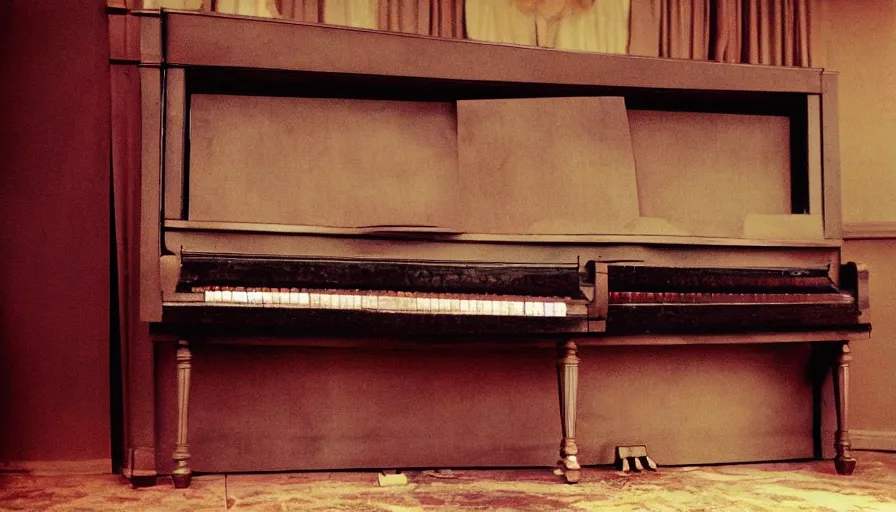 Image similar to 7 0 s film still from a horror movie about an old piano, kodachrome, cinecolor, cinestill, film grain, film texture, retro, cinematic, high resolution, photorealism,