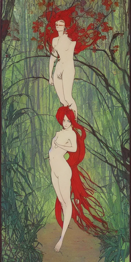 Image similar to a beautiful illustration of a red-head female in a forest, autumn, cinematic composition, mist, style of yoshitaka amano and alfons mucha