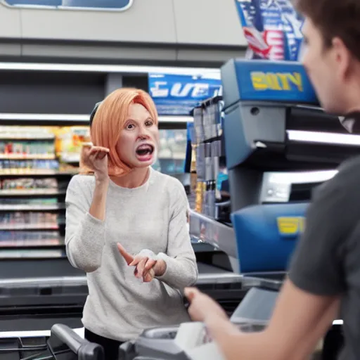 Image similar to alien Karen yelling at the cashier at an interstellar walmart, hyperrealistic 8K HD,