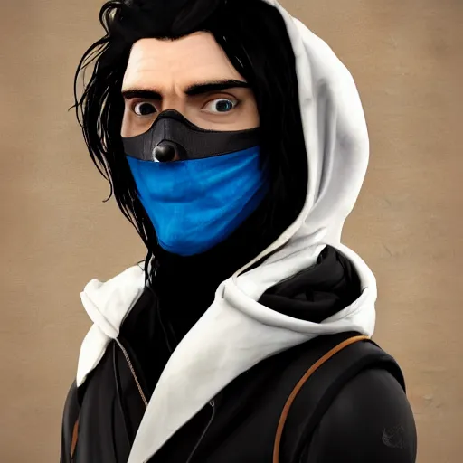 Image similar to a highly detailed, portrait of a man with black hair with a black medical mask, in a hood in the form of a blue shark with white teeth, artstation, DeviantArt, professional, octane render, digital art