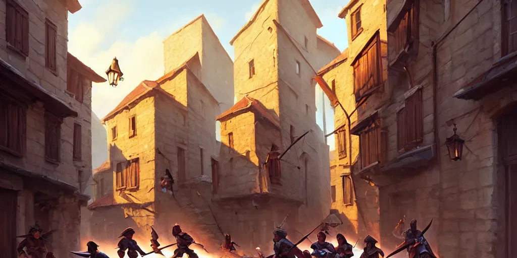 Image similar to an exciting fantasy street battle within a fascinating old city, soldiers fighting, narrow streets, old buildings, by Sylvain Sarrailh, cinematic, simple but effective composition, clean lines, beautiful digital painting, oil painting, detailed, dungeons and dragons, lord of the rings