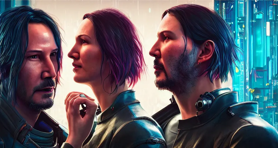 Prompt: a cyberpunk 2077 srcreenshot couple portrait of a Keanu Reeves and a female android in final kiss,love,film lighting,by Laurie Greasley,Lawrence Alma-Tadema,Dan Mumford,John Wick,Speed,Replicas,artstation,deviantart,FAN ART,full of color,Digital painting,face enhance,highly detailed,8K,octane,golden ratio,cinematic lighting