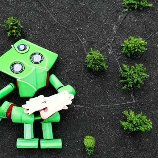 Prompt: robot in his hands is holding a small piece of land with a small ecological green plant