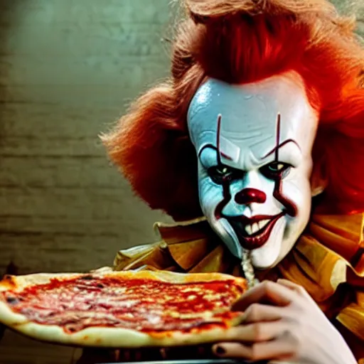 Image similar to A still of Pennywise eating a pizza, 4k, photograph, ultra realistic, highly detailed, studio lighting