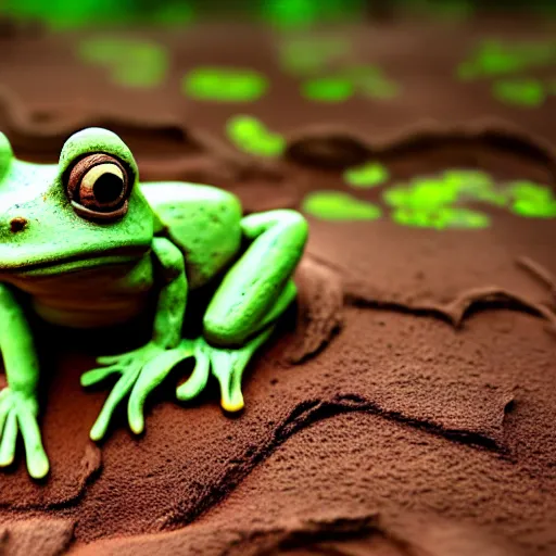Prompt: beatiful clay sculpture of a muddy frog in a swamp