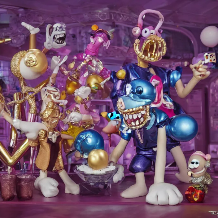 Prompt: jeff koons hip hop bauhaus style street sharks sailor moon wearing diamond grillz and a ton of bussdown iced gold bling in wallace & gromit strata - cut claymation, ultra realistic, concept art, intricate details, serious, highly detailed, photorealistic, octane render, 8 k, unreal engine, art by artgerm