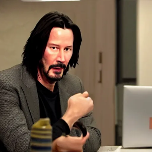 Image similar to Keanu Reeves in the office 4K quality super realistic